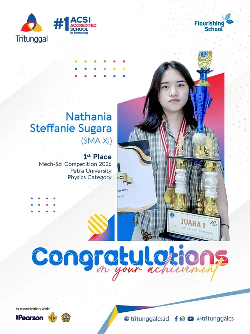Nathania Steffanie Sugara memegang trofi dan sertifikat 1st Place Mech-Sci Competition 2026, Physics Category
