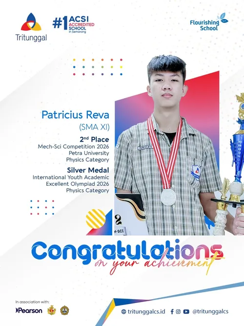 Patricius Reva dengan trofi, sertifikat, dan medali perak: 2nd Place Mech-Sci Competition 2026 dan Silver Medal International Youth Academic Excellent Olympiad 2026