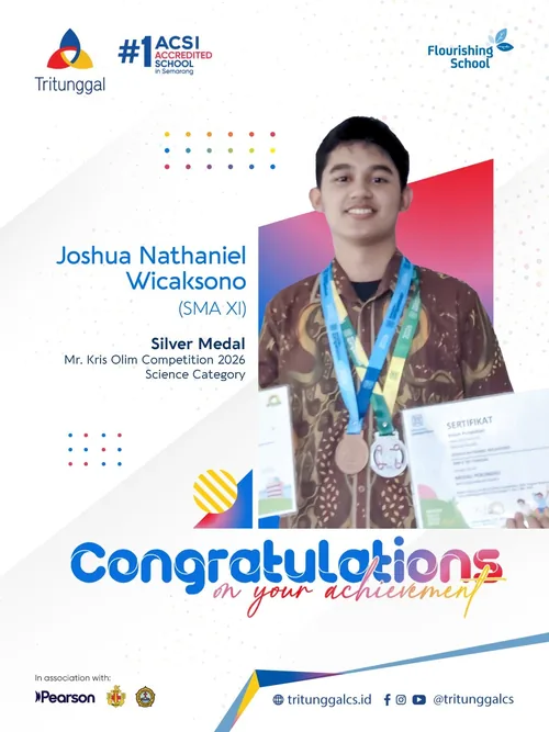 Joshua Nathaniel Wicaksono dengan sertifikat dan medali: Silver Medal Mr. Kris Olim Competition 2026, Science Category