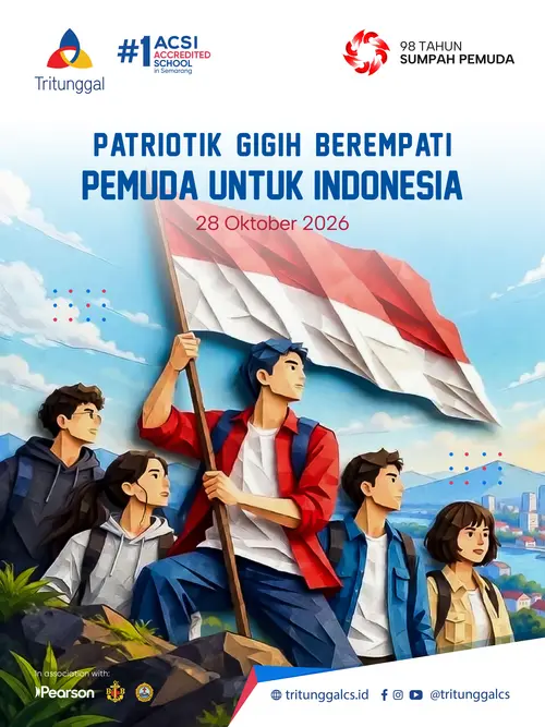 Poster peringatan 98 Tahun Sumpah Pemuda 28 Oktober 2026 menampilkan ilustrasi siswa di puncak bukit mengibarkan bendera Merah Putih.