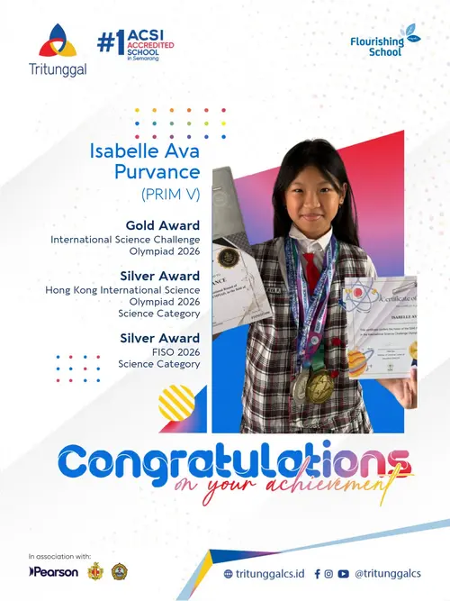 Isabelle Ava Purvance dari PRIM V memegang sertifikat dan medali atas pencapaiannya di International Science Challenge Olympiad, HKISO, dan FISO 2026.