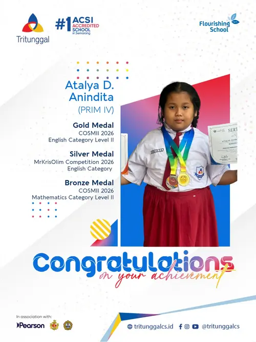 Atalya D. Anindita dari PRIM IV mengenakan medali dan memegang sertifikat penghargaan COSMII dan MrKrisOlim Competition 2026.