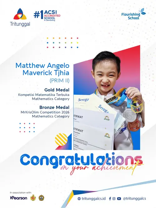 Matthew Angelo Maverick Tjhia dari PRIM II memegang medali dan sertifikat Kompetisi Matematika Terbuka serta MrKrisOlim Competition 2026.