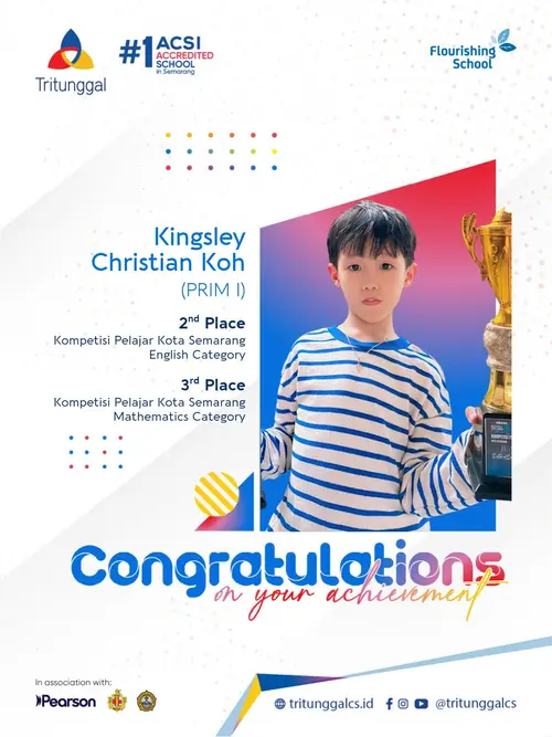 Kingsley Christian Koh dari PRIM I memegang piala atas raihan juara di Kompetisi Pelajar Kota Semarang 2026.